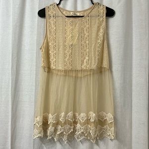 NWT Rebellion Cream Boho Babydoll Sheer Lace Tank Blouse Sz L